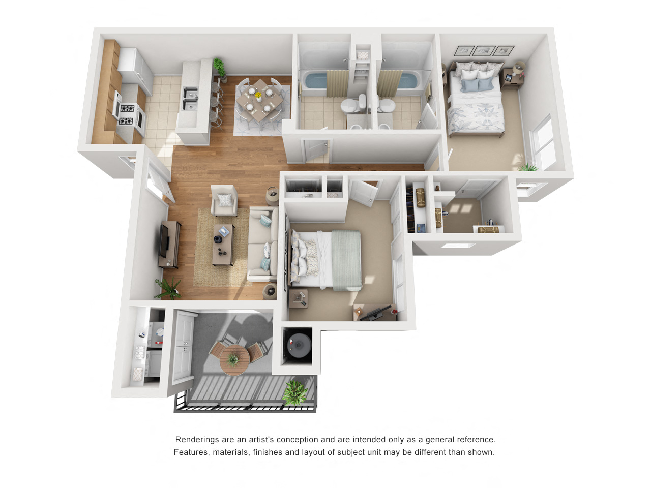 Floor plan for 2 beds, 2 baths, 885 sqft